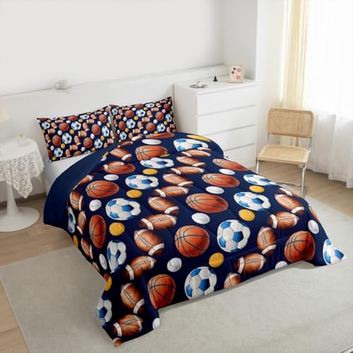 Image of Feelyou Soccer Football Comforter Set Queen Size Basketball Baseball Softball Sport Theme Bedding Set for Kids Boys Girls Navy Blue Duvet Quilt Bedroom Decor Microfiber 3 Pcs with 2 Pillow Cases