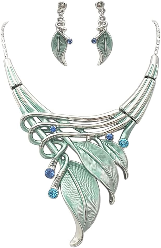 Rosemarie & Jubalee Women's Unbe-leaf-ably Stunning Crystal Rhinestone Accented Textured Metal Leaf Statement Necklace Earrings Set, 14"+3" Extender