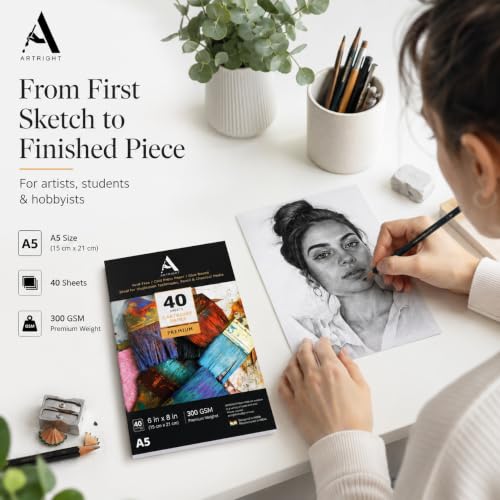 Image of ArtRight Artists' Sketching Paper (A5 Pack of 40 Sheets, 300 GSM); Handmade Cartridge Mixed Media Sheets of 300GSM for Pencil, Charcoal and Ink Media