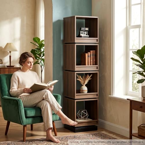 Image of ModernMate 4-Tier Rotating Bookshelf Tower, 360 Spinning Bookcase