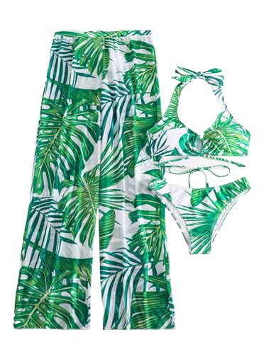 Verdusa Women's 3 Piece Swimsuits Bikini Sets Tropical Print Halter Swimsuit with Cover Up Pants