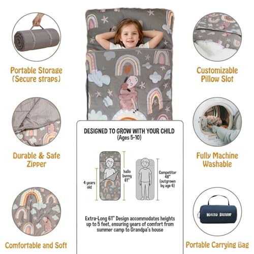 Image of Kids Sleeping Bag - 61 inch Extra-Long Slumber Bag with Detachable Pillow - All Seasons for Older Children & Girls - Large Portable Indoor Bedding for Home, Travel & Naps