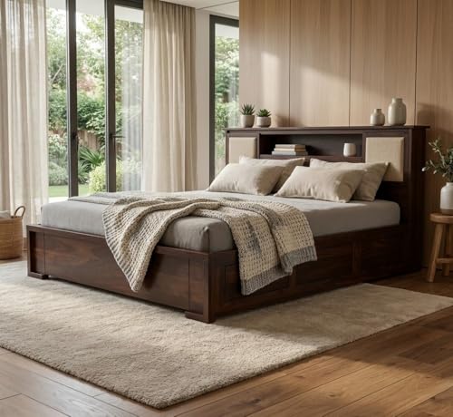 Image of Solid Sheesham Wood Bed with Storage | Wooden Cot with Box Storage & Upholstered Headboard | Strong Durable Frame | Modern Luxury Bed for Bedroom Home & Hotel (Walnut Finish, Queen)