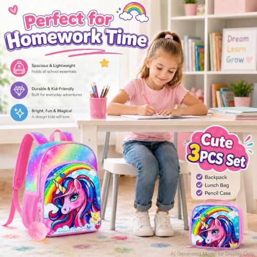 Image of 3PCS Unicorn Backpack, 16 inch Girls Rainbow Sequins Kids Bookbag with Lunch Box, School Bags for Elementary Preschool Kindergarten - Pink