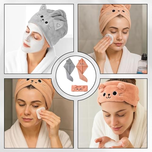 Turban Handtuch mit Knopf, Microfiber Towel Hair, Haarturban, Mikrofaser Handtuch Haare, Haarhandtuch mit Knopf, 3-teiliges Set, 2 Tücher in Grau und Orange, 1 Haarband in Orange, für Sport und Alltag