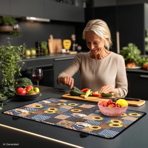 Image of Electric Stove Top Covers Heat Resistant Glass Ceramic Cooktop Cover Mat Multipurpose Kitchen Scratch Resistant Flat Top Stove Cover, 29 x 21 Inch, Sunflower Coffee Patchwork Print