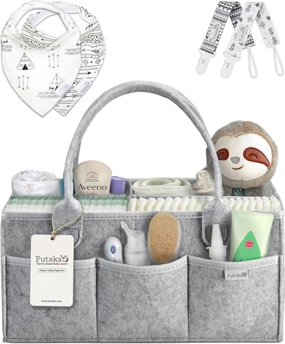 Image of PUTSKA Baby Diaper Caddy Organizer Nursery Basket Set Baby Basket Gift Registry Baby Shower List Baby Must Haves Essentials Neutral Baby Stuff For Newborn