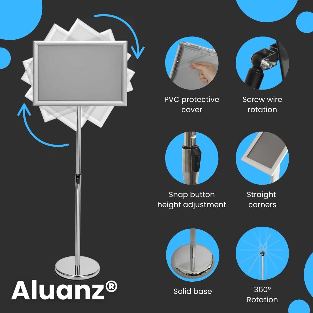 Soporte Informativo A3 Regulable, Plateado, Pack de 2 | Base de Aluminio con Marco Giratorio, Altura Ajustable de 70 a 125 cm