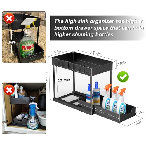 Image of 2 Pack Under Sink Organizers and Storage, 2-Tier Sliding Cabinet Basket Organizer with Hooks, Multi-Purpose Under Sink Organizers and Storage for Bathroom Kitchen.