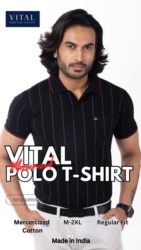 Image of Men's Polo T- Shirts Collar Neck Half Sleeves, Regular Fit, Cotton Mercerized Collection with All Over Vertical Printed Stripes /Comfortable and Soft