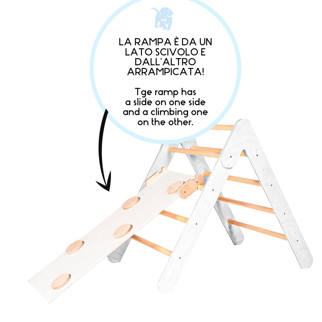 mamikids - Arrampicata per Bambini Richiudibile in Legno Naturale 70x60cm, Triangolo con Scivolo per Bambini 1-5 Anni, Giochi Educativi Montessori - Made in Italy, Bianco