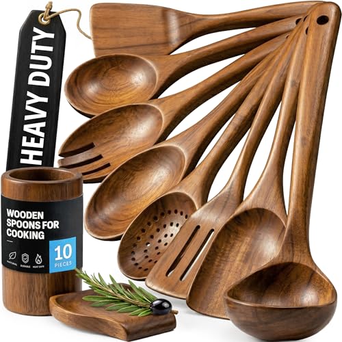 Image of Zulay Kitchen 10-Piece Wooden Spoons for Cooking - Smooth Finish Teak Wooden Utensils for Cooking - Soft Comfort-Grip Wood Spoons for Cooking - Non-Stick Wooden Cooking Utensils - Wooden Spoon Sets