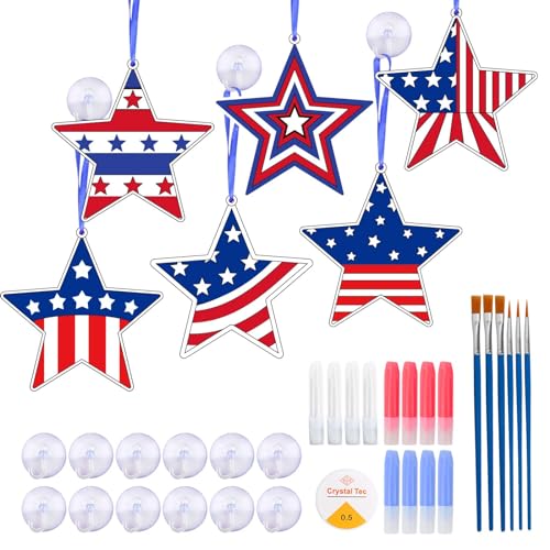 KATOOM 12 Pack Star Suncatcher Craft for Kids Patriotic Suncatcher Ornaments DIY Paint Window Art for Kids Classroom Activity 4th of July Art Projects USA Independence Day Decoration