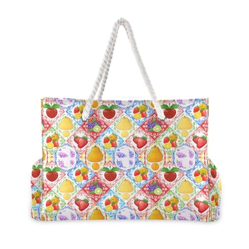 Colorful Fruits Beach Bag & Travel Tote Bag Large Sandproof with Zipper Closure, Wet Pouch for Swim Gym Travel, Lightweight Foldable Outdoor Bag2