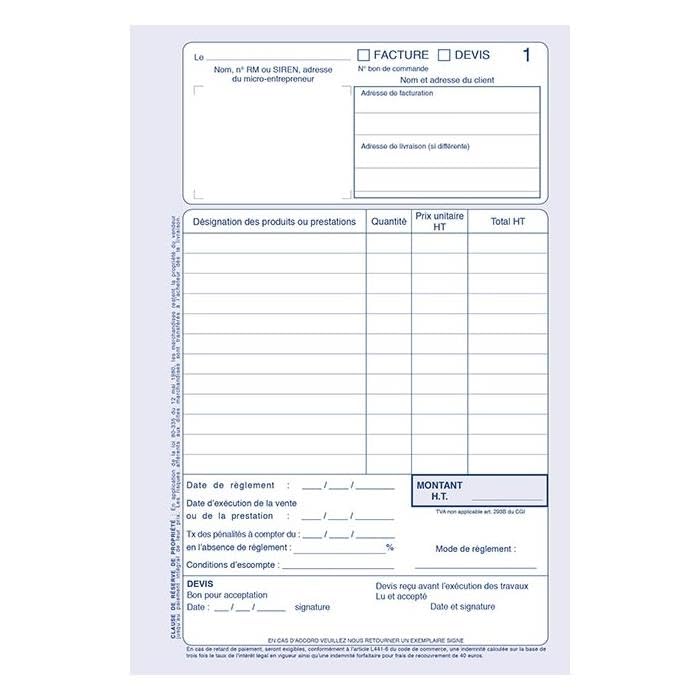 ELVE Lot de 10 Manifolds AUTO-ENTREPRENEUR Facture/Devis 21 x 14 cm Vertical 50 dupli