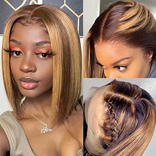 4/27 Highlight Ombre Brown Short Bob Wig Straight 13×6×1 T Part Brazilian Human Hair Wigs 150 Density Lace Front Wigs for Black Women Pre Plucked With Baby Hair Natural Hairline 10 Inch