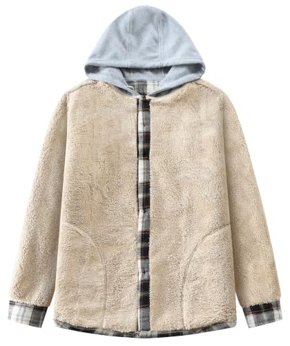 Image of Men's Cotton Plaid Shirt Jacket Fleece Flannel Sherpa Button Down