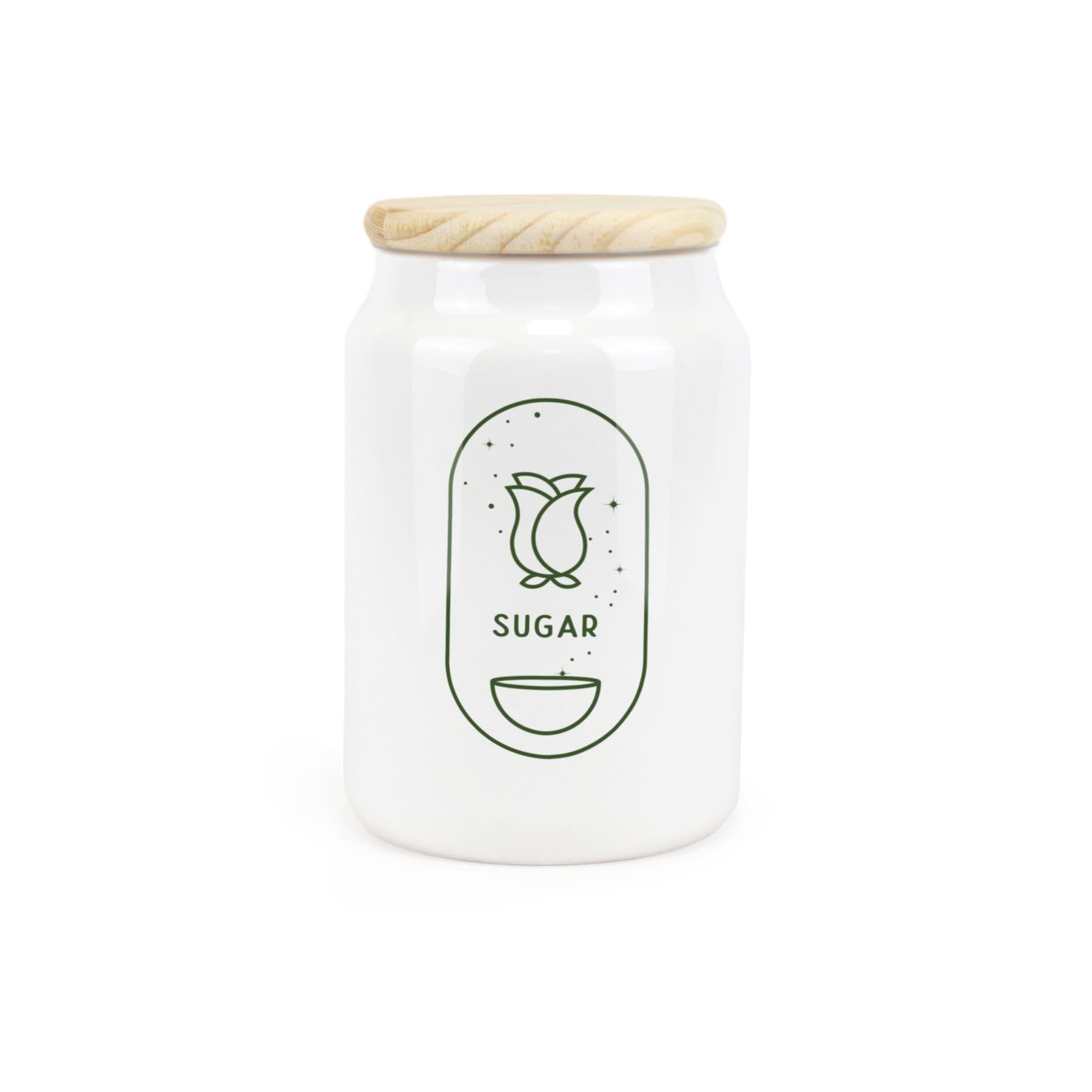 Purely Home Sugar Boho Minimalist Ceramic Storage Canister - Simplistic Bohemian Floral Kitchen Decor Gift - Kitchen Food Storage Container & Wooden Lid 600Ml (14.5Cm X 9.5Cm)
