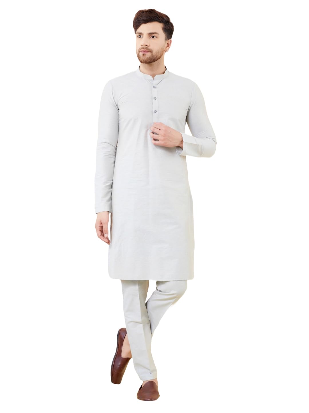 See Designs Men Full Sleeve Mandarin Collar Side Slit Off White Cotton Solid Straight Kurta With Matching Pyjama - Sdkt2476-22L
