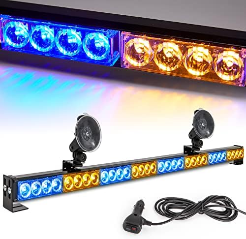 Amber/Blue Emergency Strobe Light Bar 36 In 13 Flash Patterns Traffic Advisor Warning Hazard Windshield Safety Lights Bar with Cigar Lighter for Police Vehicles, Truck (35.5 Inch, Yellow/Blue 32 Led)