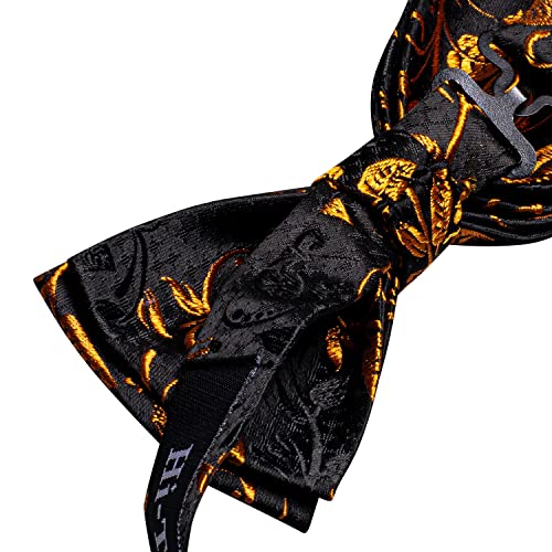 Image of Hi-Tie Pretied Bow Ties for Men Wedding Formal Bow Tie Handkerchief Cufflinks Lapel Pin Set Party Formal Mens Bowtie Set, Black Orange Floral, Medium