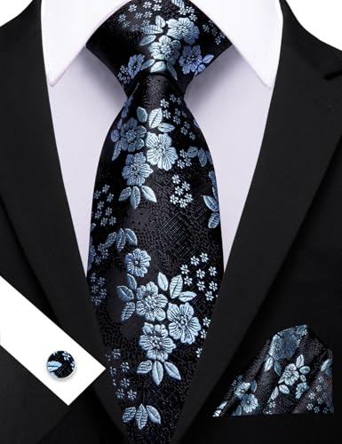 Image of Barry.Wang Flower Ties for Men Silk Woven Floral Tie Sets Necktie Handkerchief Cufflinks Wedding Party