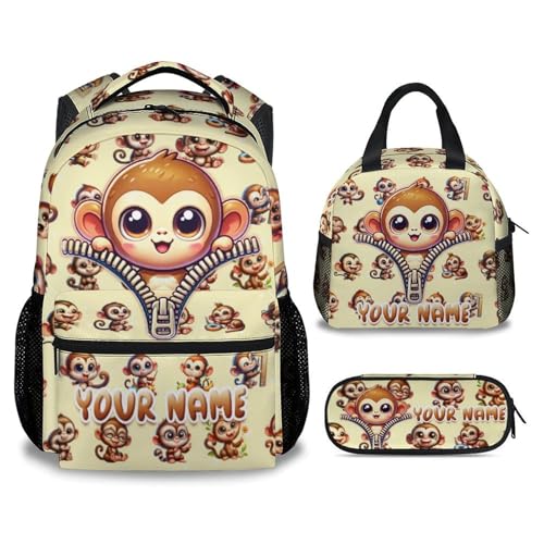 Personalized Monkey Backpack with Lunch Box, 3PCS Girls School Backpacks Matching Combo for Kindergarten, Cute Bookbag and Pencil Pouch Bundle