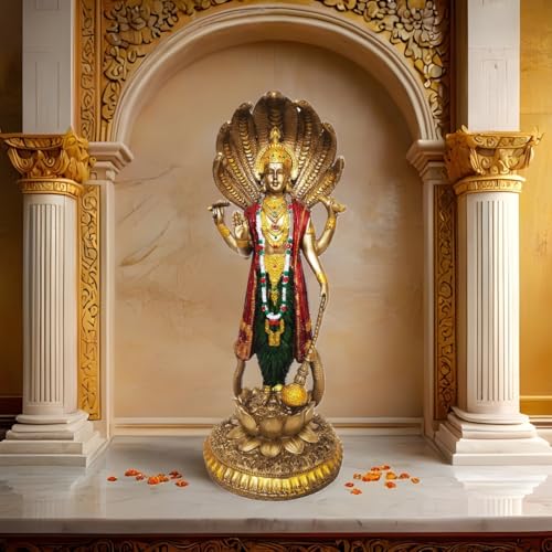 Image of YASHONIDHI Venkatesh Narayan Vishnu Bhagwan Statue, 12 Inches, Lakshminarayan Gold-Colour Murti Standing on Lotus and Sheshnag, for Home, Office Decoration, for Pooja Room