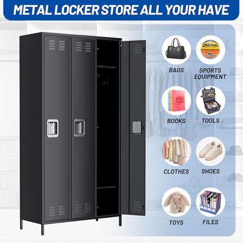 GarveeHome 3 Doors Metal Office Storage Cabinet, Metal Lockers for Employees with 9 Hooks and 3 Shelves, 72 Inch Tall Steel Storage Cabinet Locker for Home, Office, Gym, School, Black