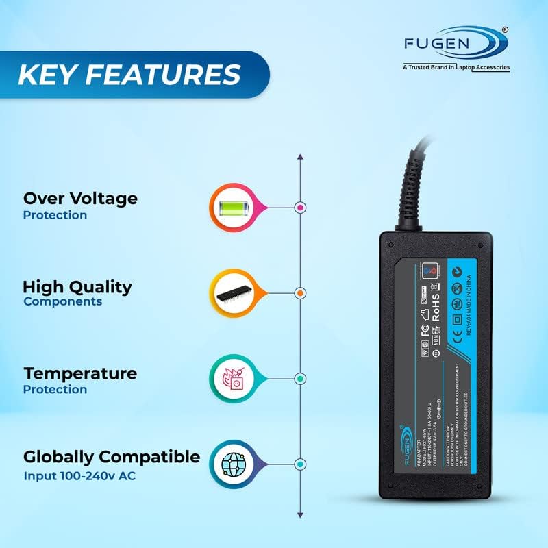 Image of Fugen Laptop Adapter Charger 65w 19v 3.33a Bluetip for H-P 15-bs541tu, 15-bs541ur, 15-bs542tu, 15-bs542ur, 15-bs543tu, 15-bs544tu, 15-bs544ur (W /O Power Cable)