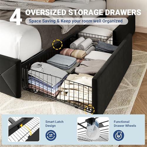 Image of Allewie Upholstered Full Size Platform Bed Frame with 4 Storage Drawers and Adjustable Headboard, Diamond Button Tufted, Wooden Slats Support, Noise-Free, No Box Spring Needed, Easy Assembly, Black