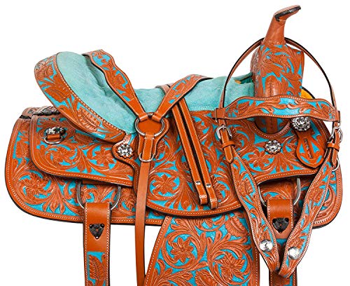 Deen, Enterprises Premium Leather Western Barrel Racing Horse Saddle Tack Size 14" To 16" Inch Seat Matching Headstall, Breast Collar, & Reins (15" Inches Seat, Brown/Turquoise) #TOP7