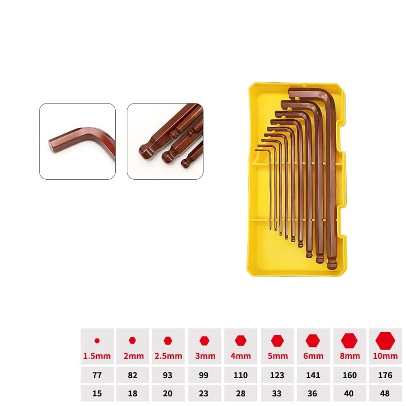 Juego de 9 Llaves Allen Métricas 1,5-10 mm de Acero S2, Llaves en L de Brazo Largo con Punta Esférica para Bicicletas, Taller, Automoción y Bricolaje(9pcs bronze c)