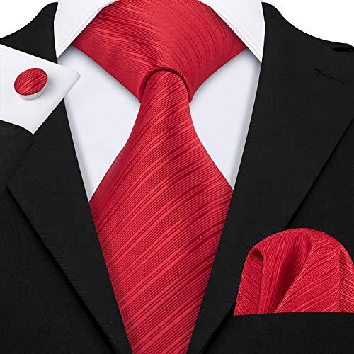 Image of Barry.Wang Solid Striped Tie for Men Silk Necktie Pocket Square Cufflinks Formal Wedding Party Business