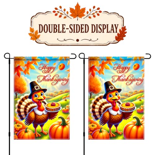 Image of BlissYard Happy Thanksgiving Turkey Garden Flag 12x18 Inch Fall Decor | Double sided polyester, Thanksgiving turkey pumpkin design, festive harvest decor for porch and yard