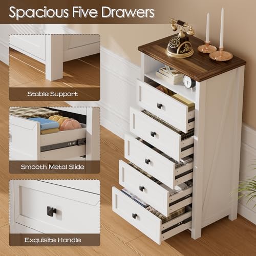 Dresser with Mirror for Kids Bedroom, 47"- 63" Tall Dresser with 5 Drawer, LED Makeup Mirror, Chest of Drawers, Farmhouse Makeup Vanity with Storage, White & Brown