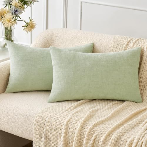 Image of MIULEE Pack of 2 Spring Light Green Couch Throw Pillow Covers 12x20 Inch Soft Chenille Lumbar Pillow Covers for Sofa Living Room Solid Dyed Cases