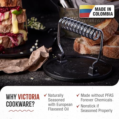 Image of Victoria Round Cast-Iron Meat Press with a Wire Handle, Preseasoned with Flaxseed Oil, Made in Colombia