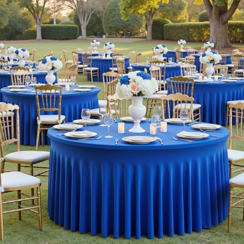 Htper 12 Pack Royal Blue Spandex Round Tablecloths, Stretchy 120inch Fitted 5FT Round Table Cloths, Wrinkle Free Maroon Table Cover with Skirt for Wedding Party Dining Banquet