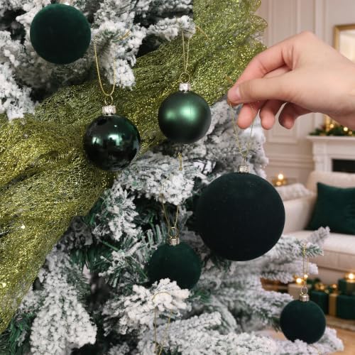 Dark Green Velvet Christmas Ball Ornaments, Shatterproof Flocked Ball Set - image 5