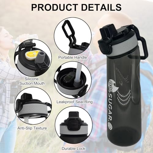 Air Water Bottle with Flavour Pods, 700ml Starter Up Set BPA Free Drinking Bottles with 10 Random Flavour Pods Scented 0 Sugar Calorie, Water Cup with Straw for Gym School Outdoor, Black