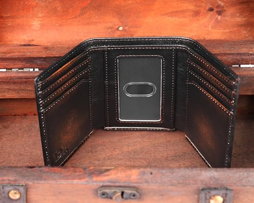Image of DK86 Trifold Wallets for Men Full Grain Leather with Hand Burnished Tri-Fold Wallet RFID Blocking (Black and Brown)