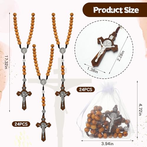 24 Set Wooden Bead Rosary Necklace Catholic Rosary Wood Carved Beads with Jesus Cross Our Father Solid with Organza Bag Pouch Baptism Favors Catholic Gift2