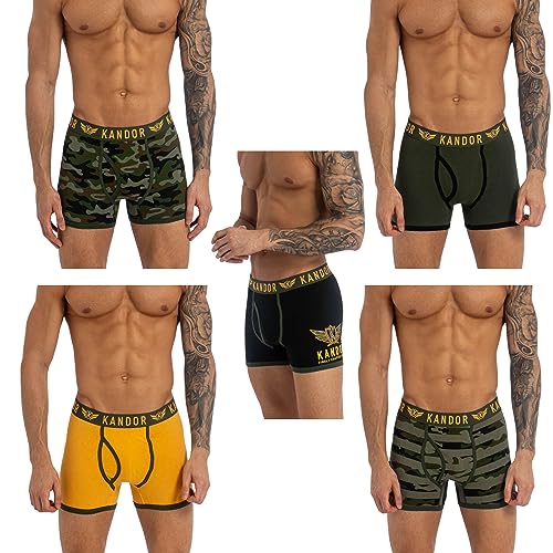 Kandor mens boxers – boxer shorts for men multipack of 5 comfortable stretch cotton men’s underwear trunks, colourful & black underpants, multi pack man briefs CAMOBEE (S,Camobee Pack A)