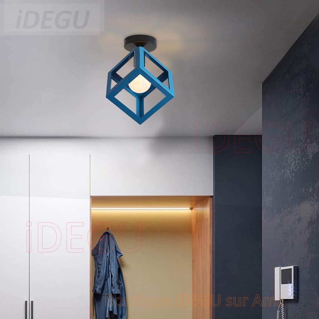 iDEGU Plafonnier Luminaire Moderne Lustre Forme Cage Lampe de Plafon Vintage Abat-jour de Style Géométrique en Métal E27 Éclairage pour Chambre Salon Restaurant, Forme de Cube,16CM, Bleu