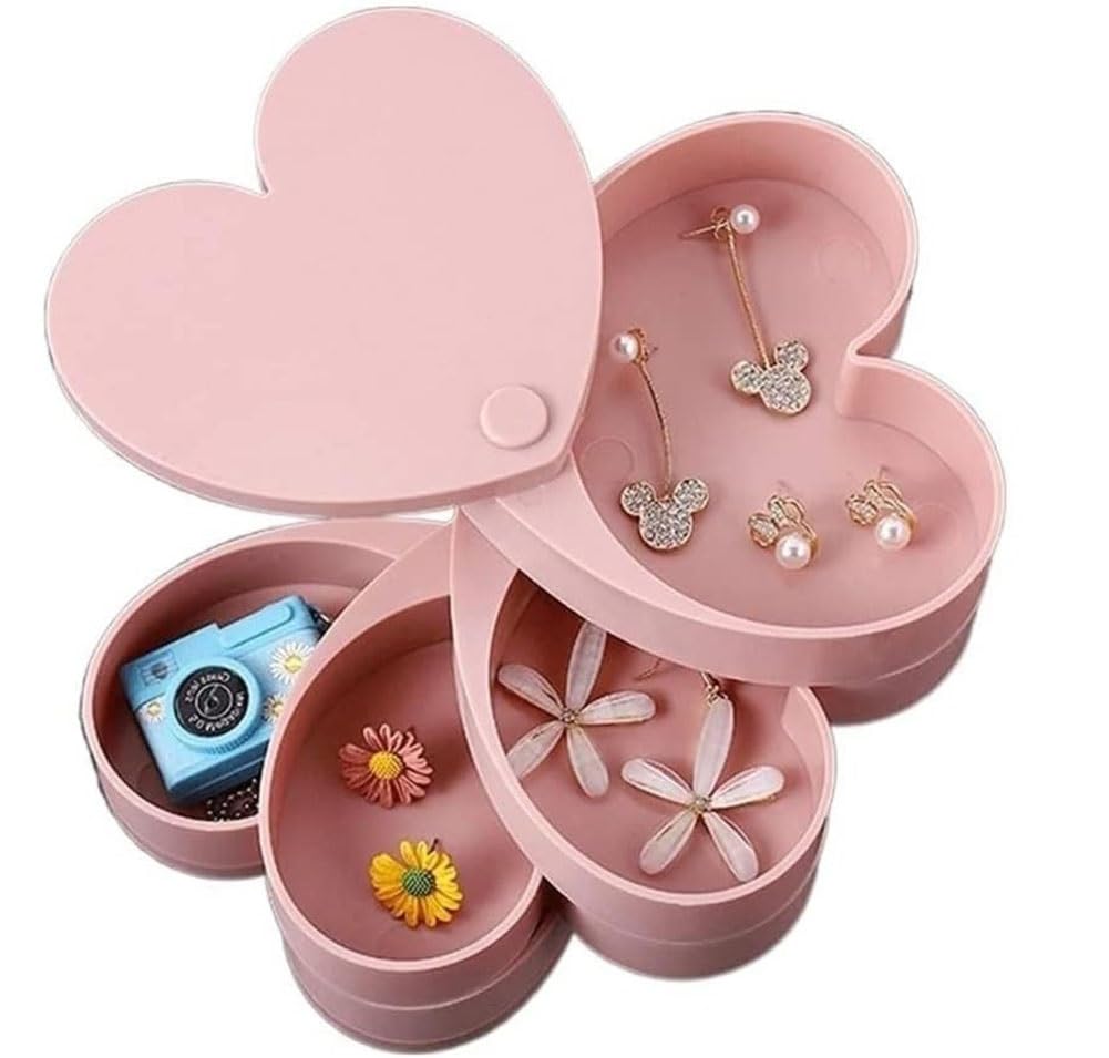 Scatola portagioie girevole a 360° a forma di cuore, a 4 strati, for collane, bracciali, anelli, orecchini, collane, viaggi e uso domestico(Pink)
