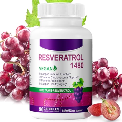 1480mg Resveratrol Kapseln 1000mg Trans-Resveratrol mit Quercetin 300mg für Herz Haut und Anti-Aging-Antioxidans I 90 Kapseln
