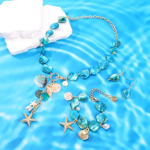 Image of Coiris Natural Seashell Choker Necklaces Earrings Jewelry Set for Women Starfish Shell Freshwater Pearl Collar Necklaces for Women Irregular Mother of Pearl Jewelry Set