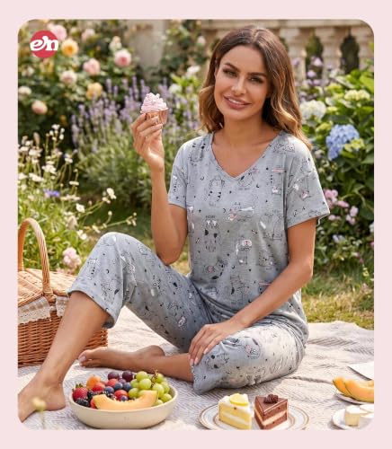 Image of ENJOYNIGHT Womens Pajama Sets Cotton Pj Set Short Sleeve Top With Capri Pants Sleepwear 2 Piece Lounge Set
