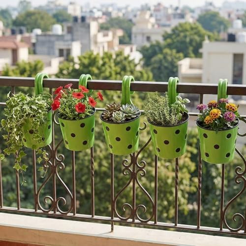 Image of Premium Hook Planter with Inner Pot | Polka Dot Hanging Planter for Balcony & Railings | Sturdy Plastic | Built-in Drainage | Vibrant Colours | Indoor & Outdoor Gardening (5, Green)